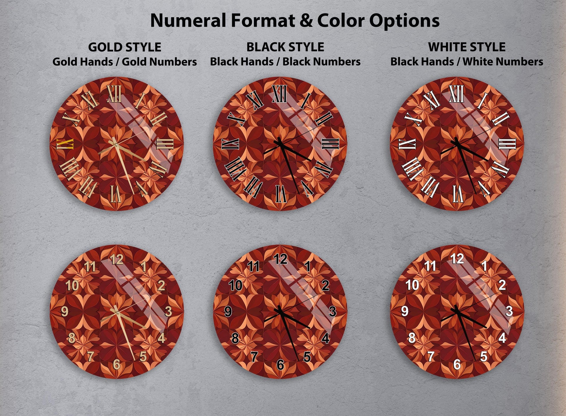 six different wall clocks with various styles and color options, including gold, black, white, and black and white.