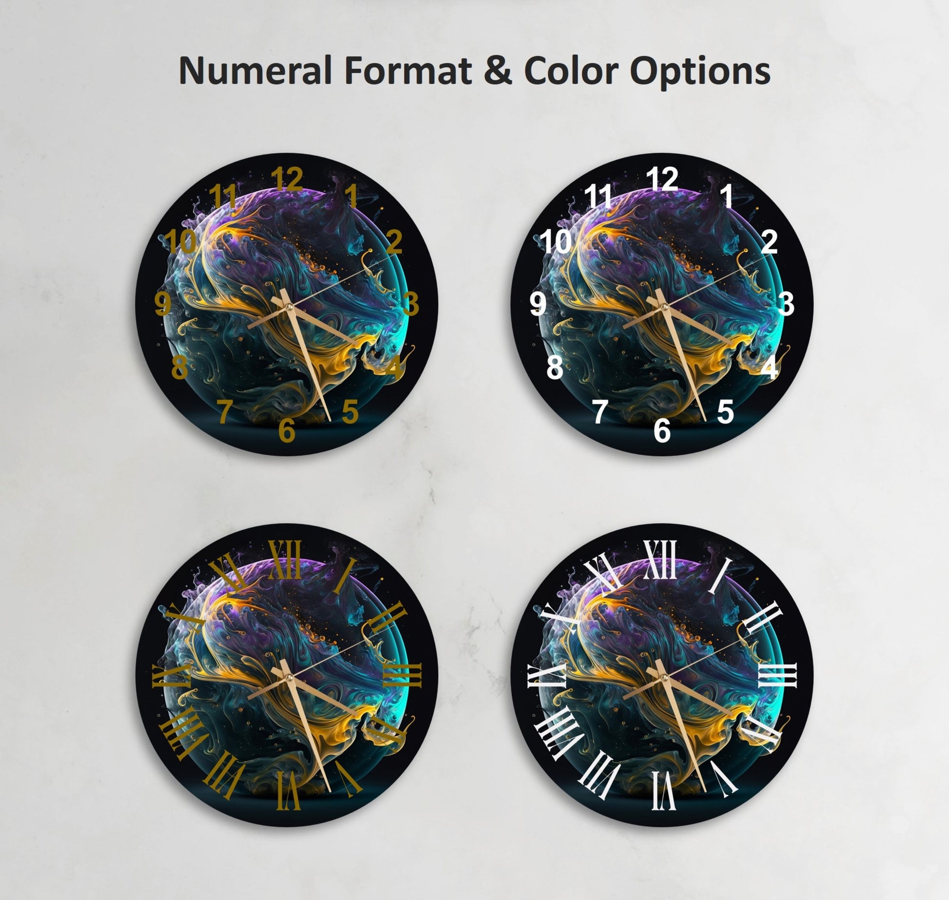 three clocks with different designs on them on a wall