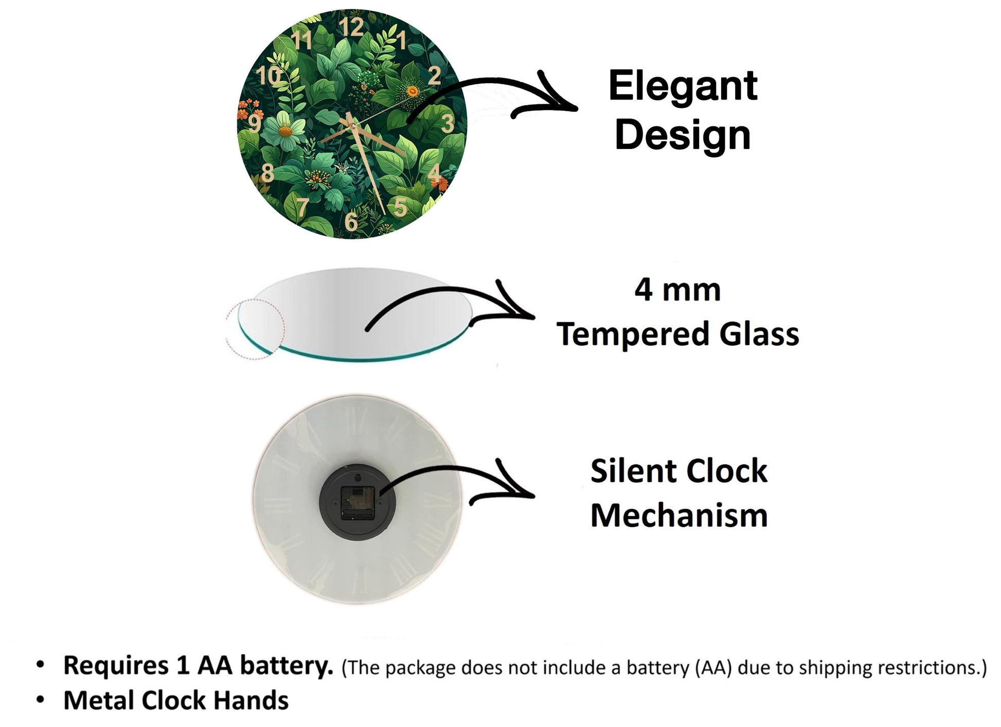 The image is a diagram that illustrates the features of a clock, including its design, materials, and mechanism. It shows a 4 mm Tempered Glass face, a silent clock mechanism, and a metal clock hand. The diagram also includes text that explains the features of the clock, such as the requirement of a 1 AA battery and the absence of a battery (AA) due to shipping restrictions.