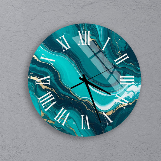 A round wall clock with a marble-like design in shades of blue and green, featuring Roman numerals.