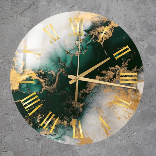 Modern Glass Wall Clock - Green Fluid Art with Unique Gold Accent - Silent Design