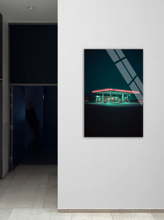 Neon Gas Station Art – Tempered Glass Wall Art | Retro Night Photography Print