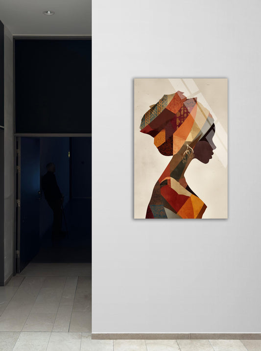 African Woman Wall Art – Abstract Geometric Portrait on Tempered Glass Print
