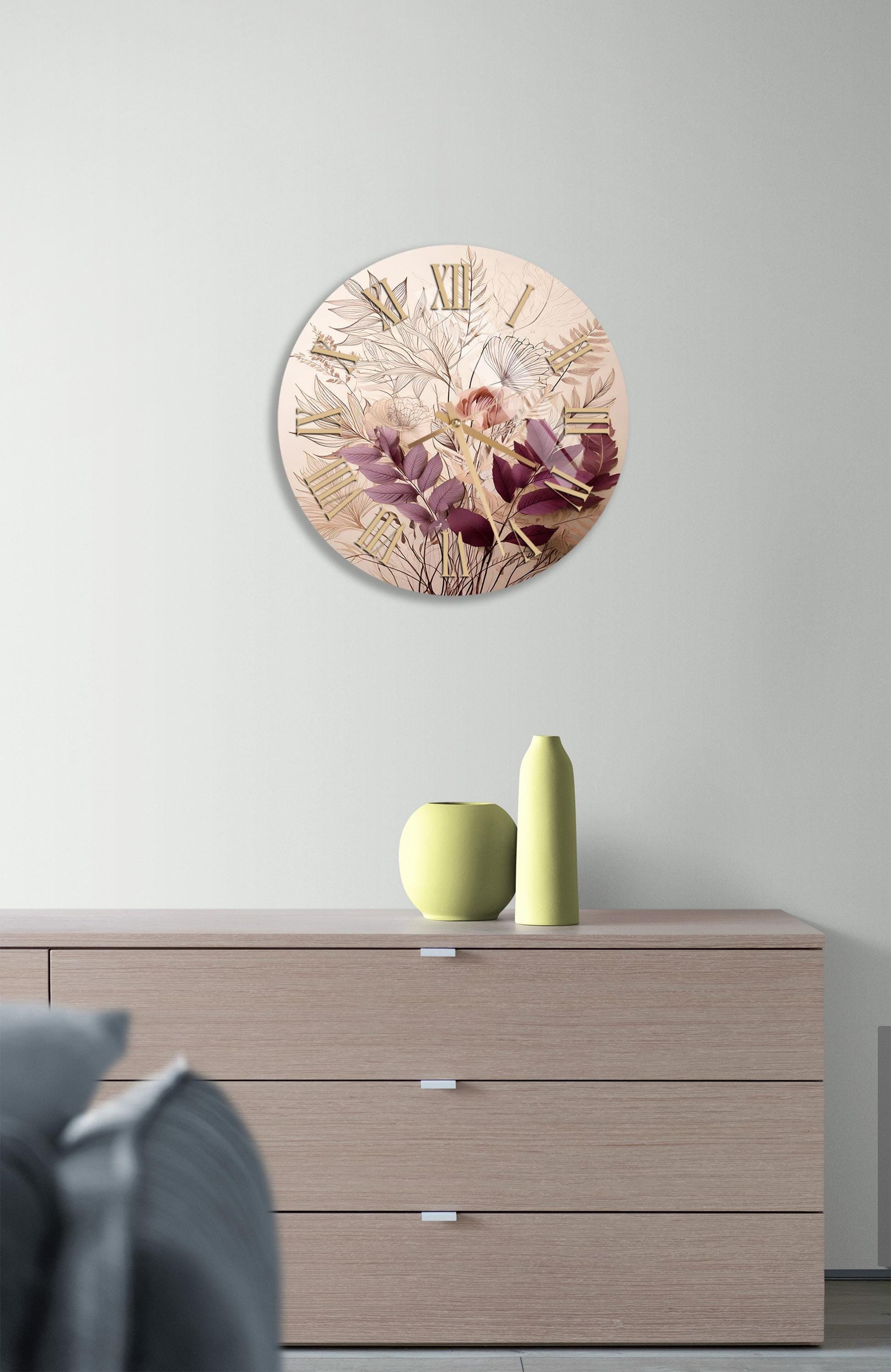 a clock on a wall above a dresser