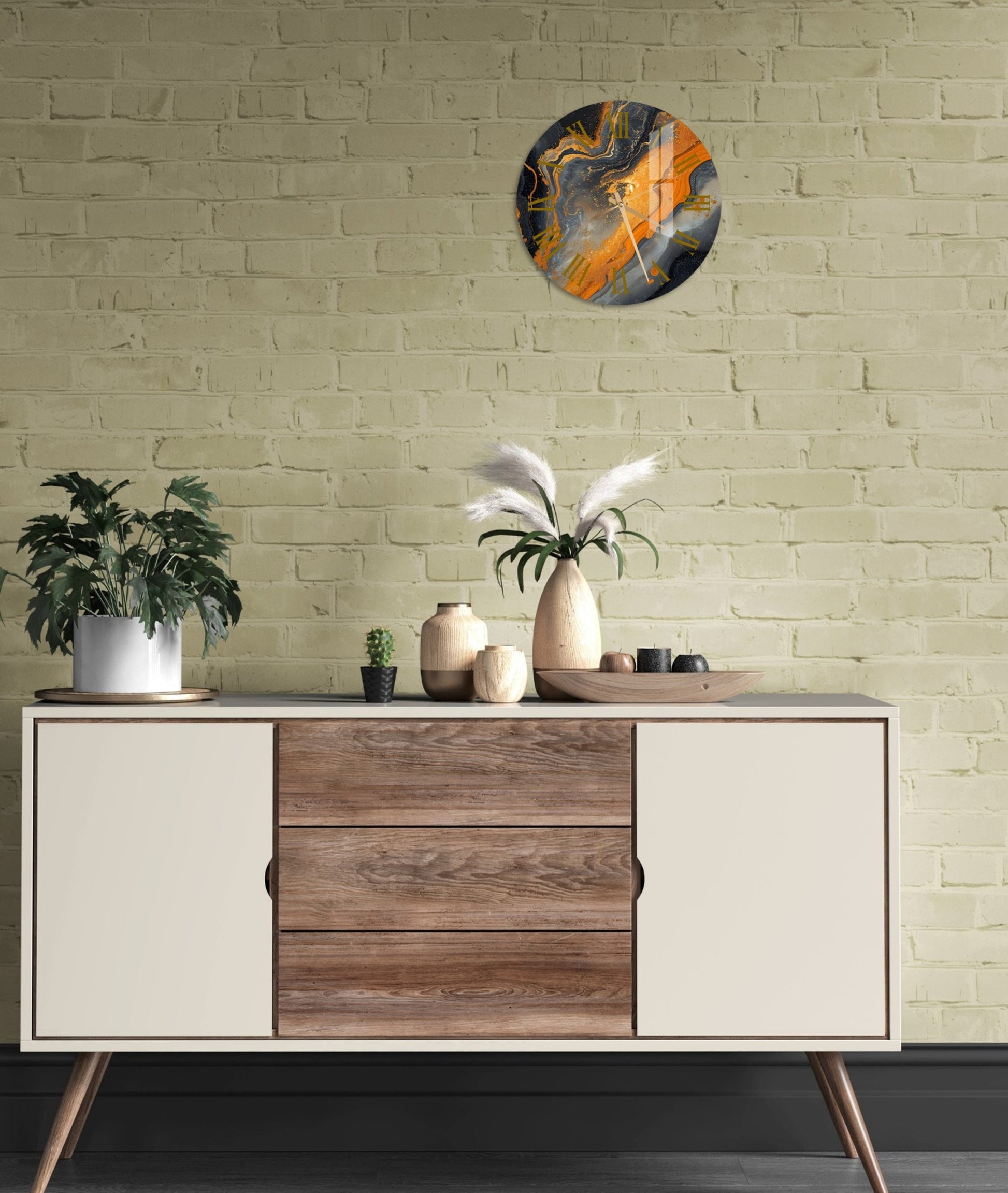 a white and brown cabinet with two plants on top of it