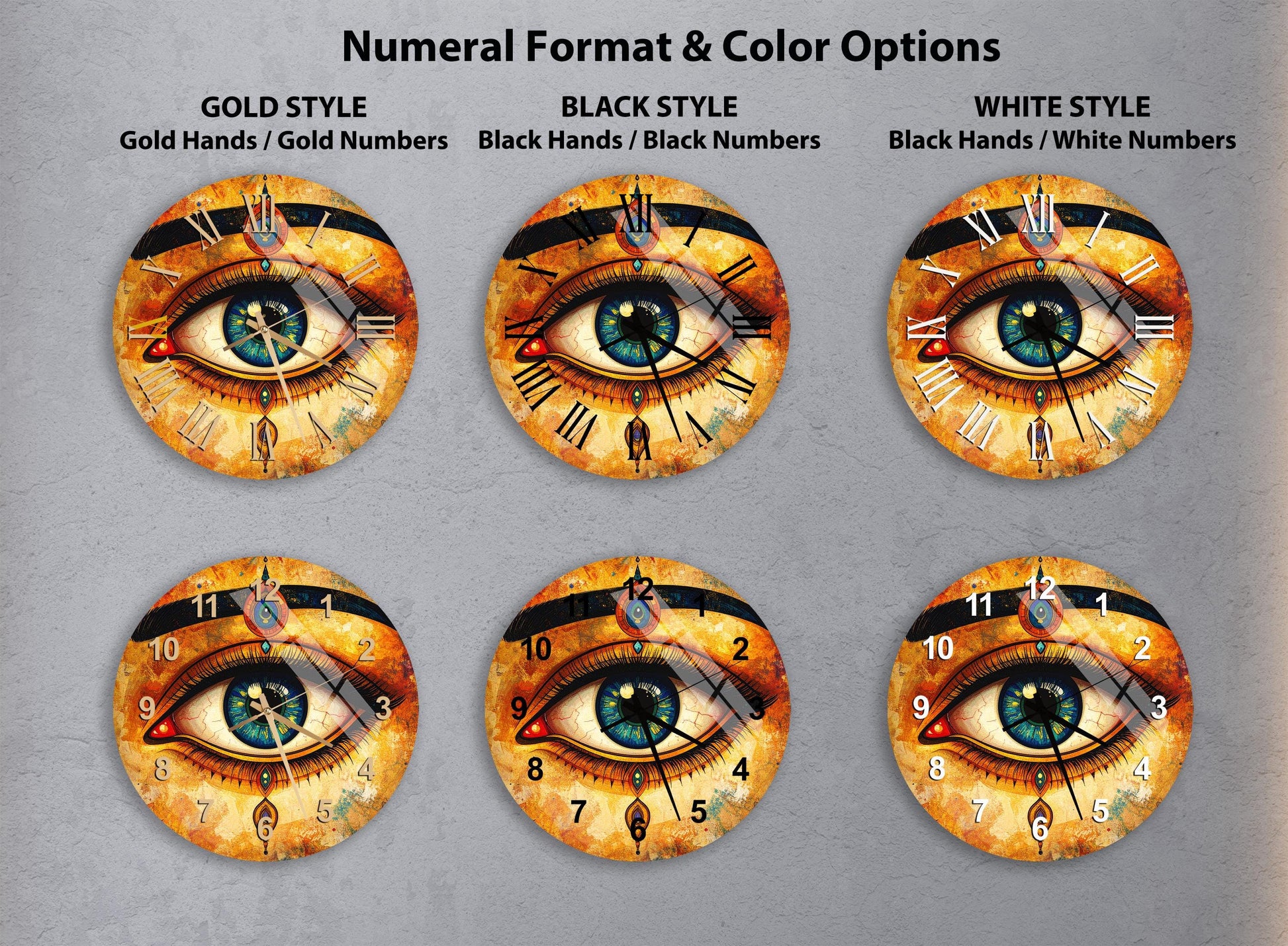 six different clock faces, each with a unique design featuring an eye and hands. The clocks are arranged in a grid, with each row containing two clock faces. The clock faces have different styles and color options, including gold, black, white, and black and white.