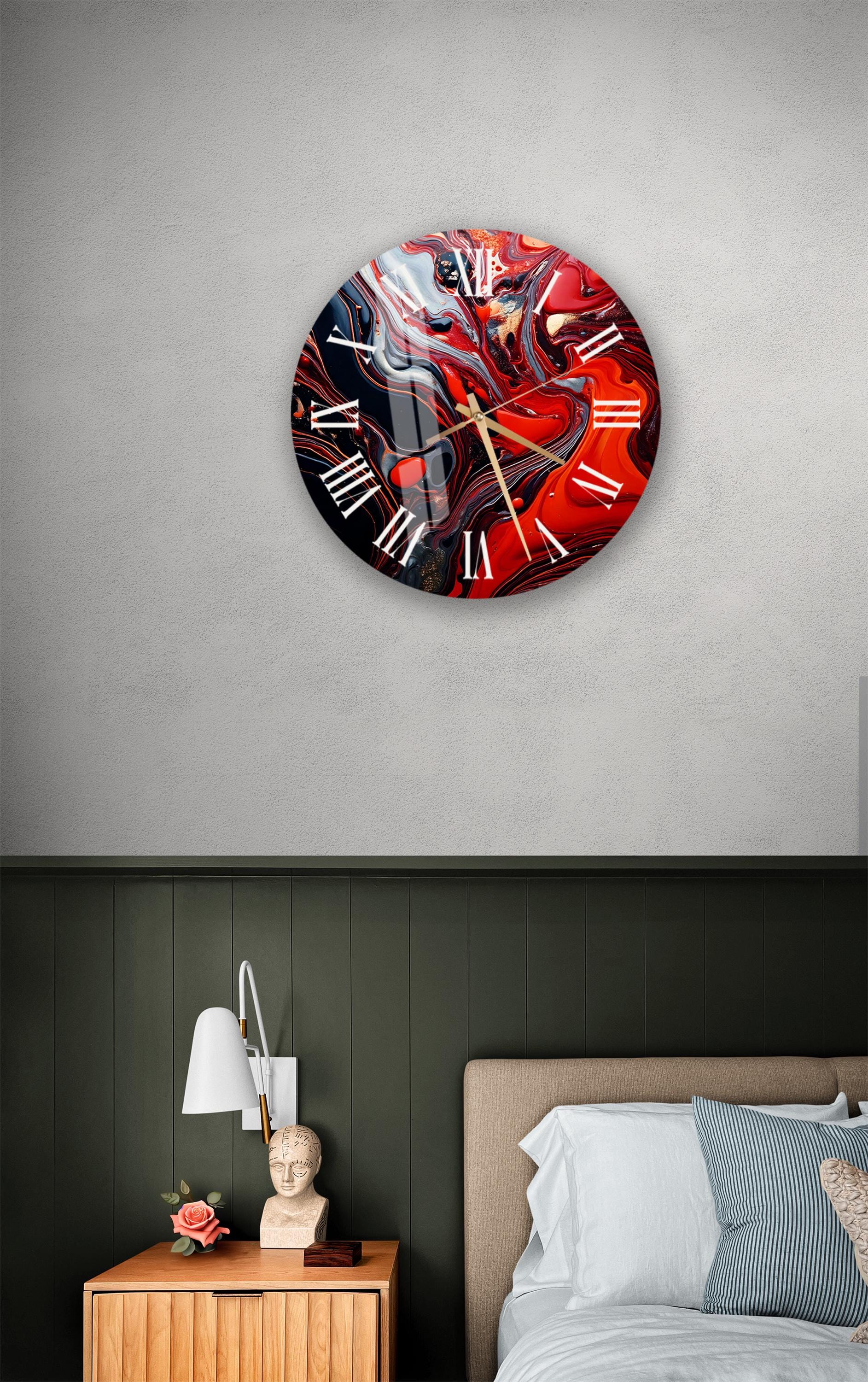 a bedroom with a bed and a clock on the wall