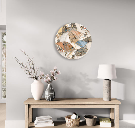 a wooden table with a white vase, a lamp, and a clock on the wall above it. The table also has a stack of books and a basket on it.
