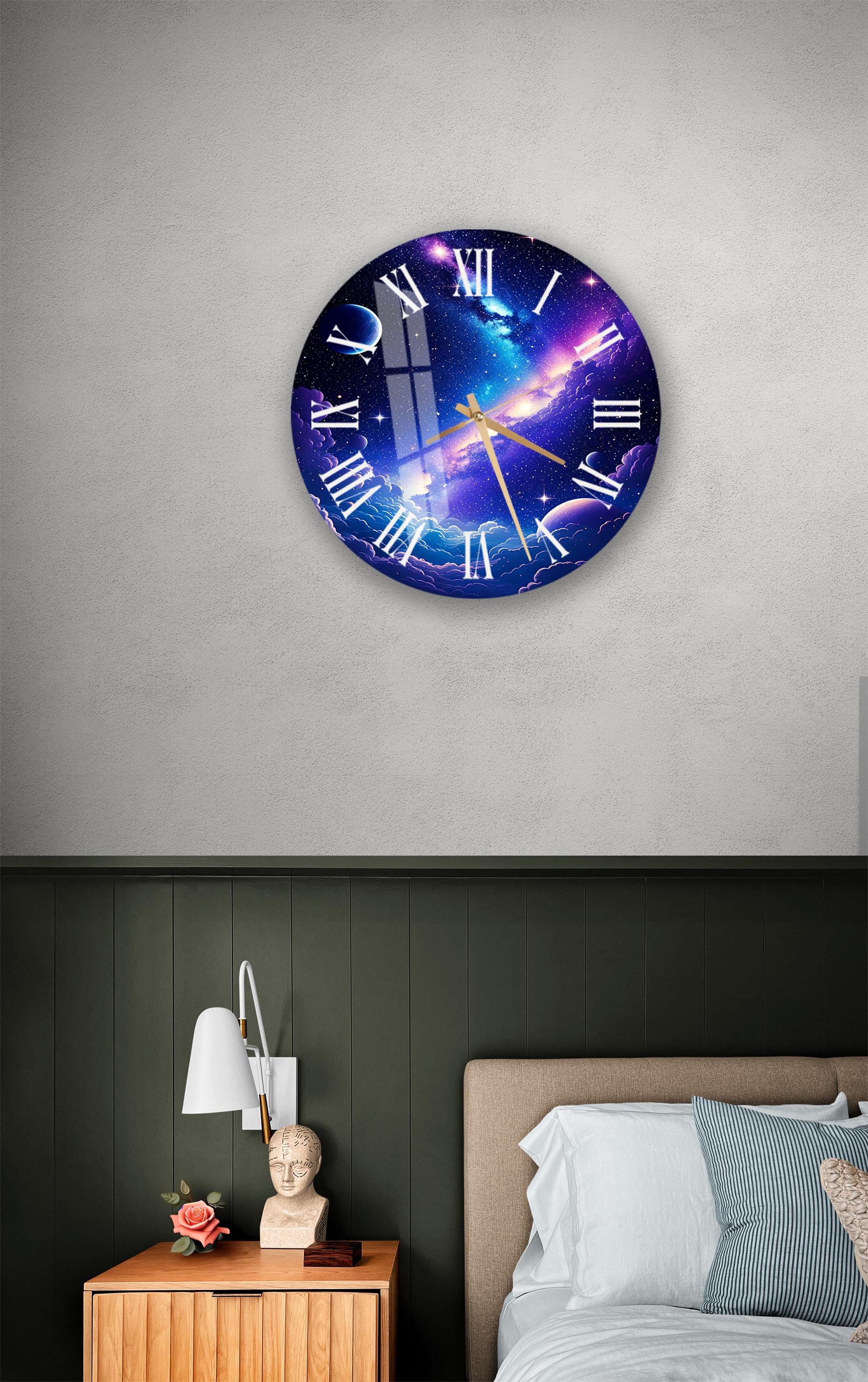 a bedroom with a bed and a large clock on the wall