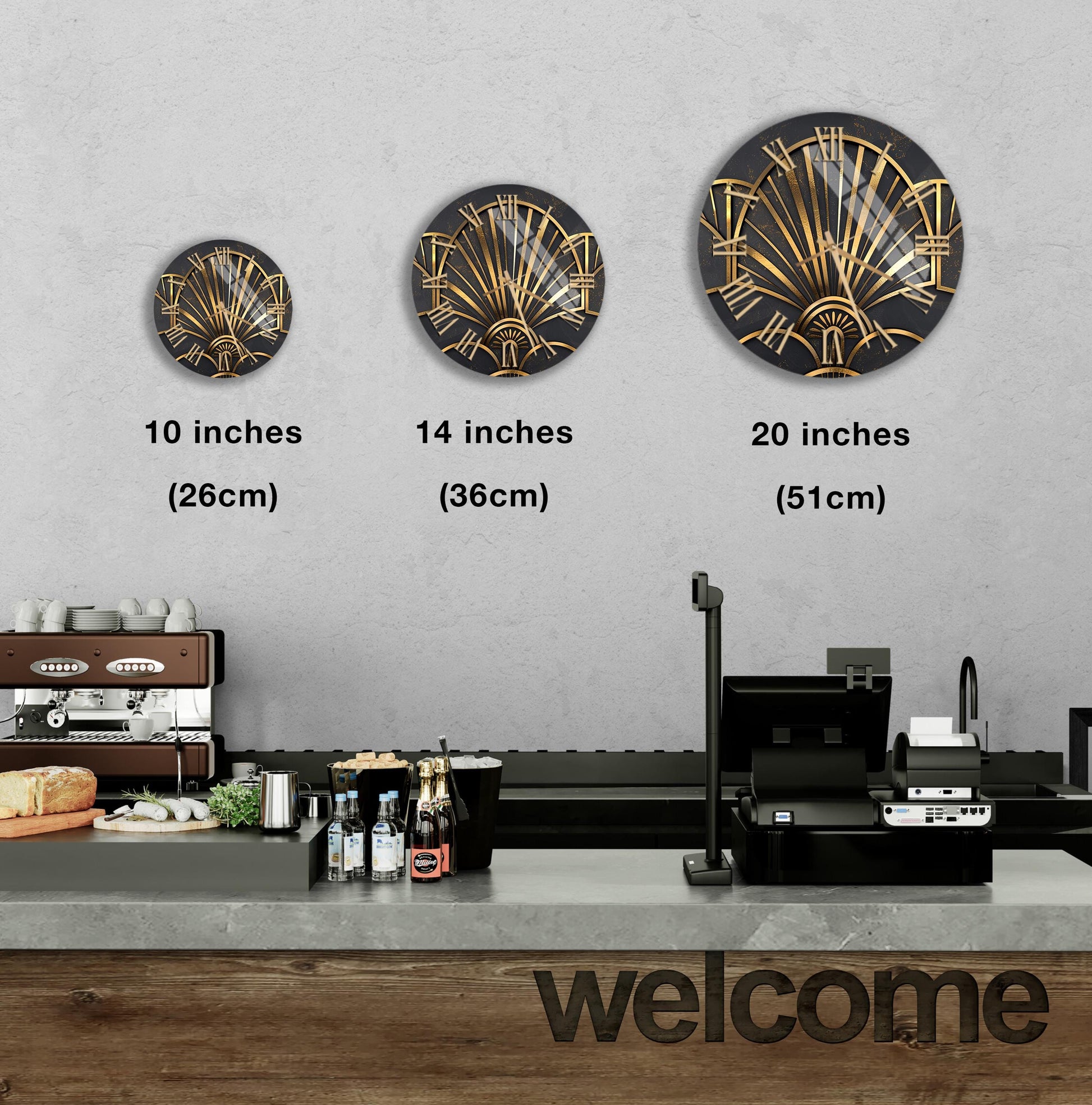 a counter with a cash register, a coffee machine, and various food items such as bottles and bread. Above the counter, there are three clock-like designs in different sizes, indicating the time in inches. The counter also has a "welcome" sign, suggesting a welcoming atmosphere in the space.