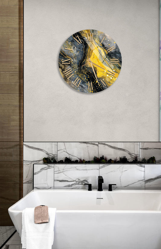 Tempered Glass Wall Clock – Abstract Yellow Gray Modern Decorative Timepiece