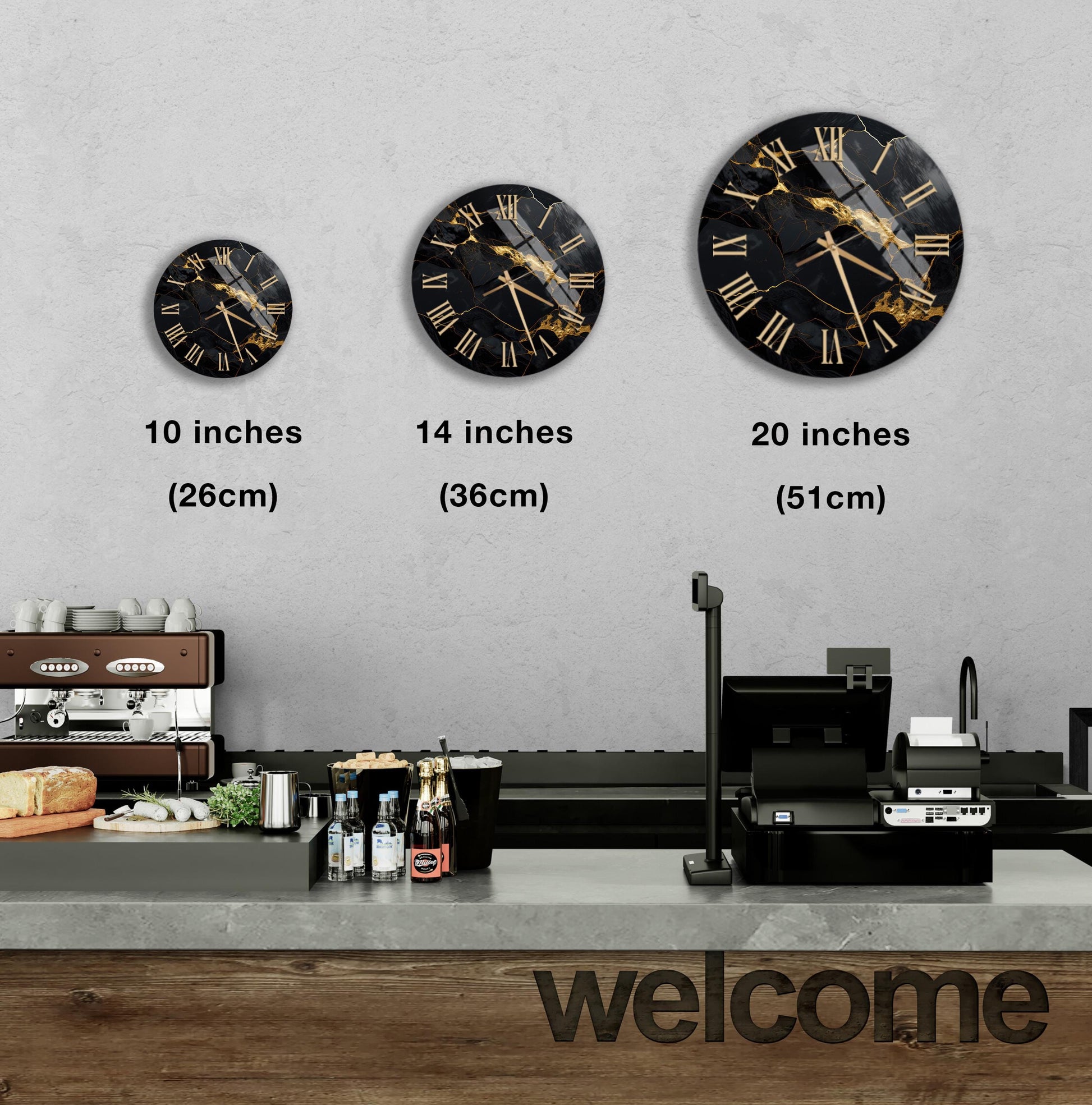 a wall with three clock faces of different sizes, each displaying the same design. Below the clock faces, there is a counter with various items such as bottles and a sandwich. The word "welcome" is written on the counter.