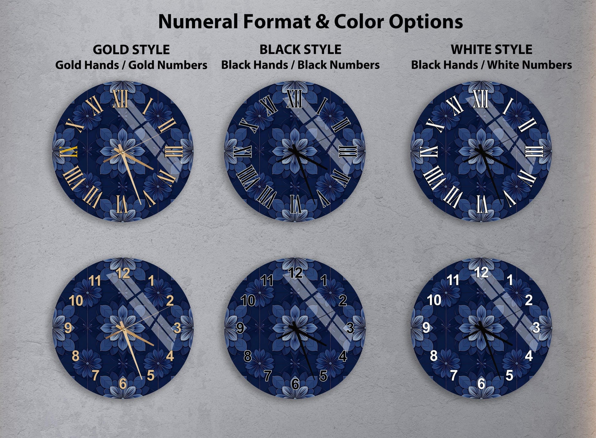 a collection of six clock faces with different styles and color options, including gold hands, black hands, black numbers, and white numbers.