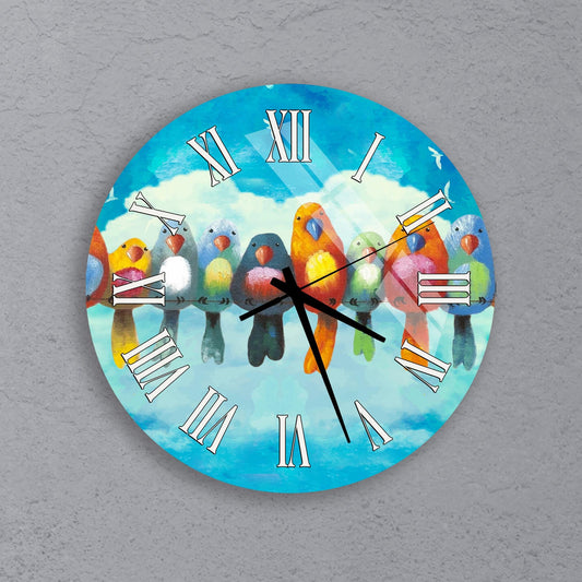 A round wall clock with a vibrant bird image on the face, featuring a variety of colorful birds perched together.