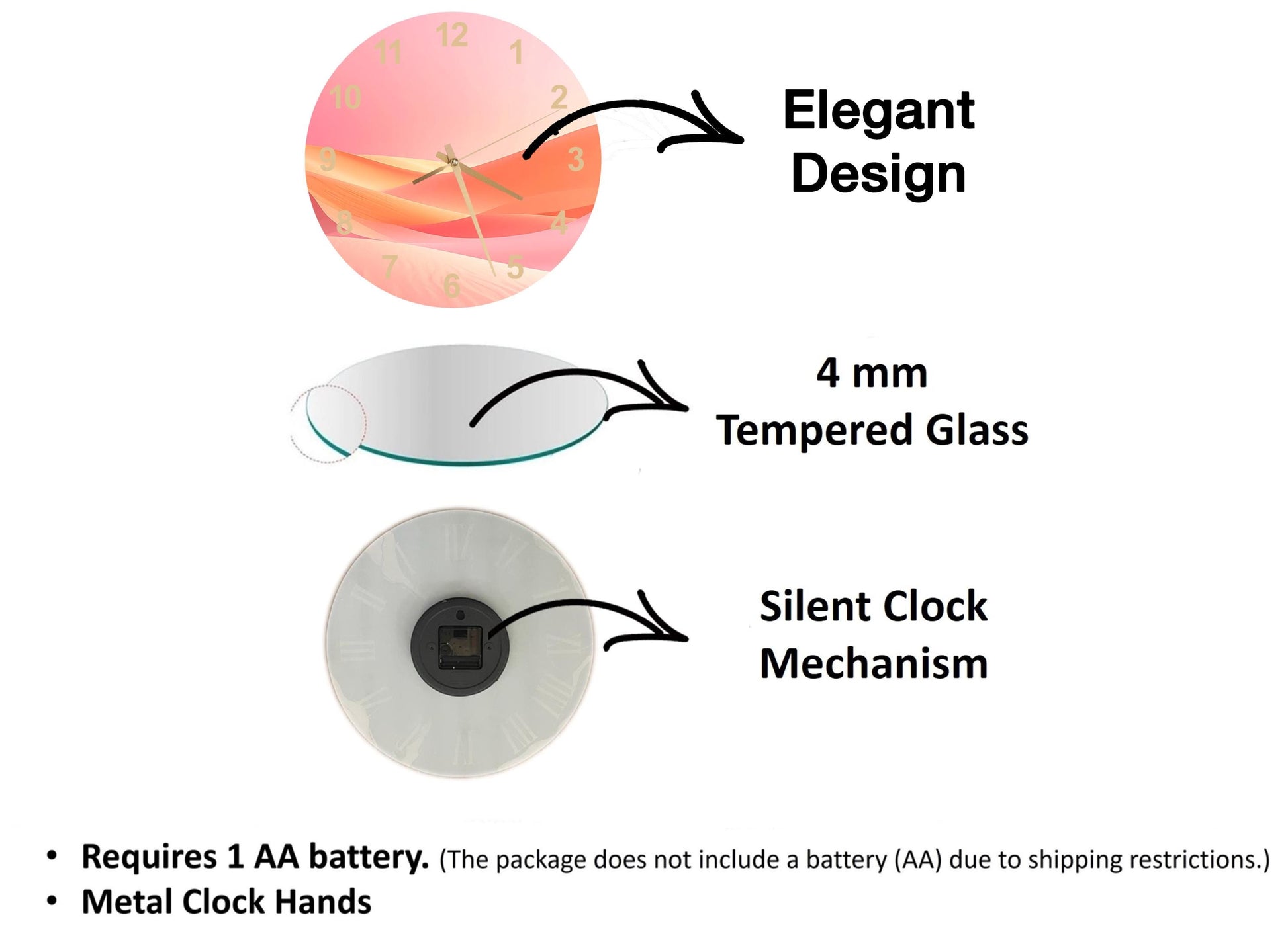 The image is a diagram that illustrates the features of a clock, including its design, materials, and mechanism.