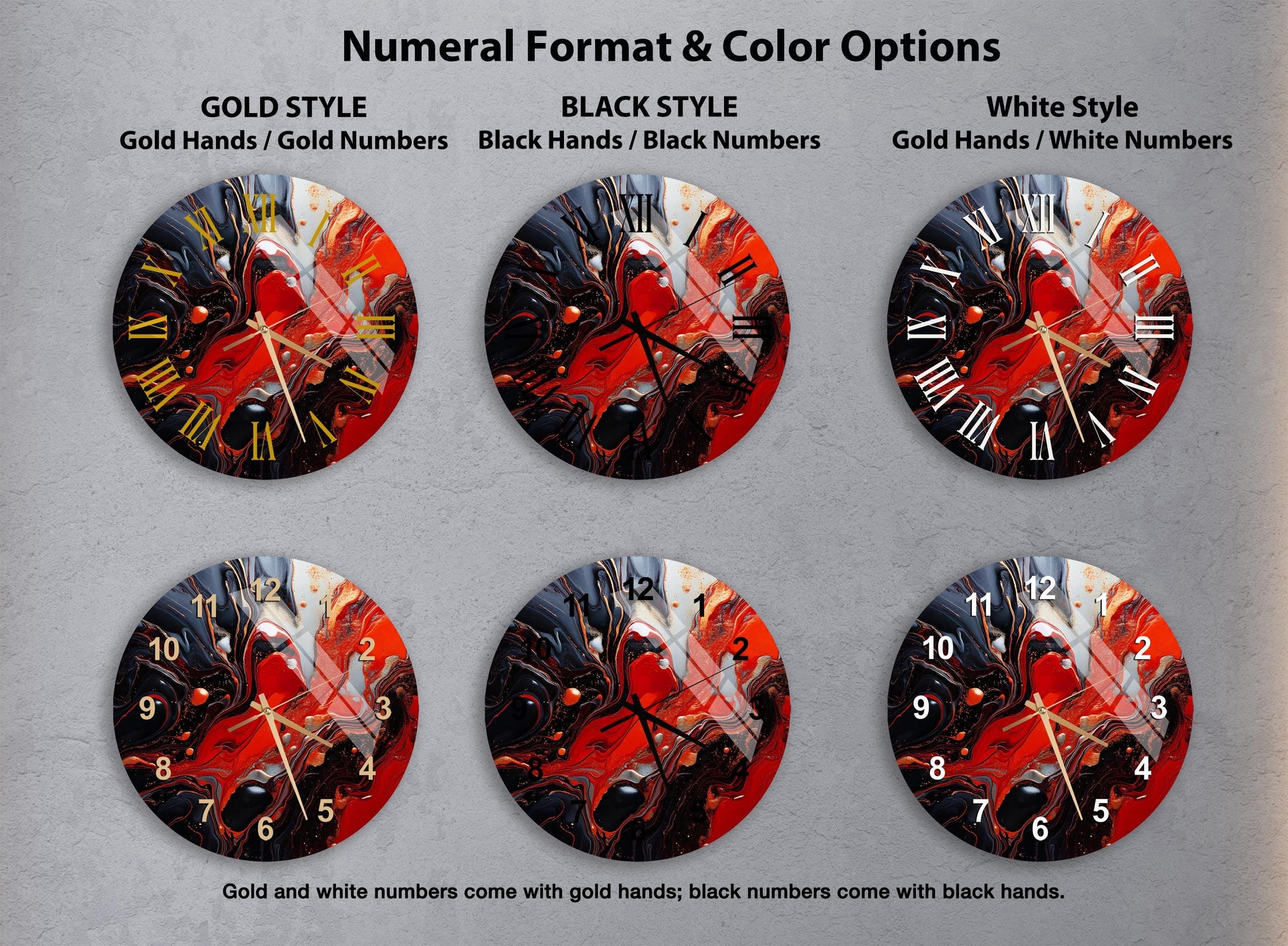 a set of four clocks with different designs on them