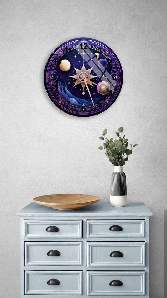 Tempered Glass Wall Clock – Celestial Lunar Phases, Deep Blue Modern Decor