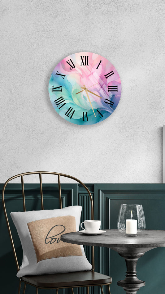 May include: A round clock with roman numerals and gold hands. The clock face is a watercolor design with blue, green, and pink colors.