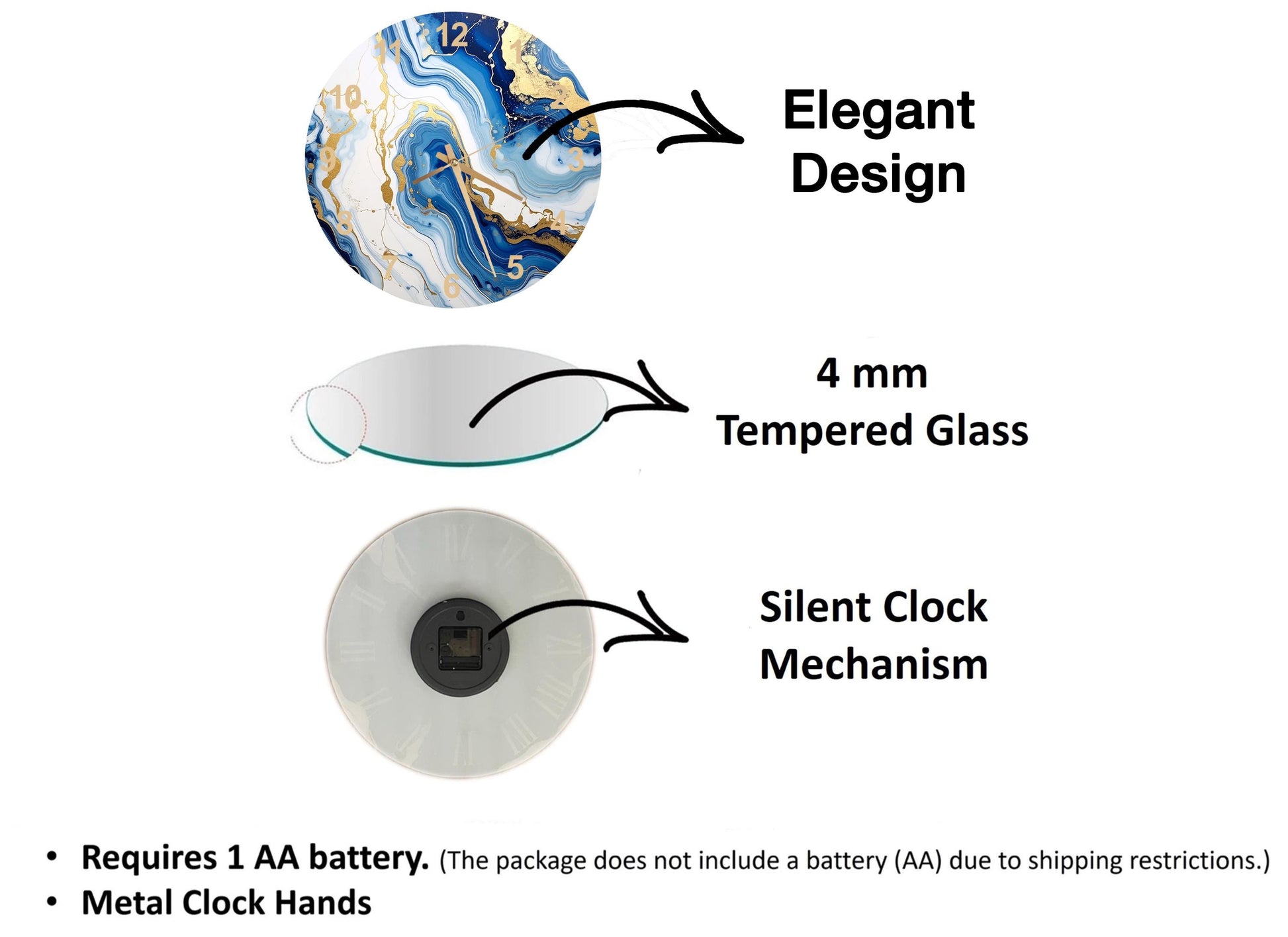 The image is a diagram that illustrates the features of a clock, including its design, size, and mechanism. It shows a 4 mm Tempered Glass face, a silent clock mechanism, and a metal clock hand. The diagram also includes text that explains the features of the clock, such as the requirement of a 1 AA battery and the absence of a battery (AA) due to shipping restrictions.