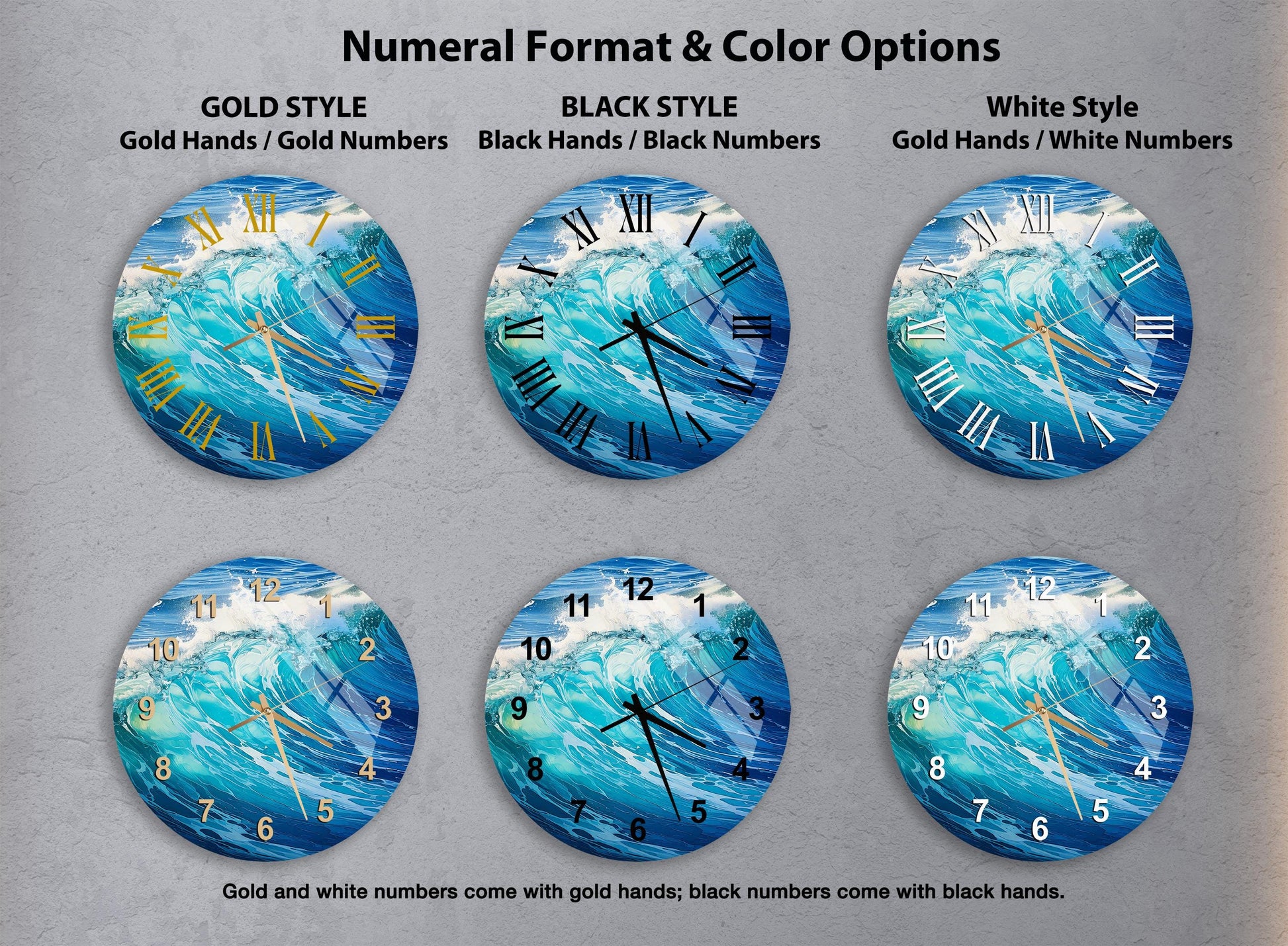 a set of four clocks with different designs on them