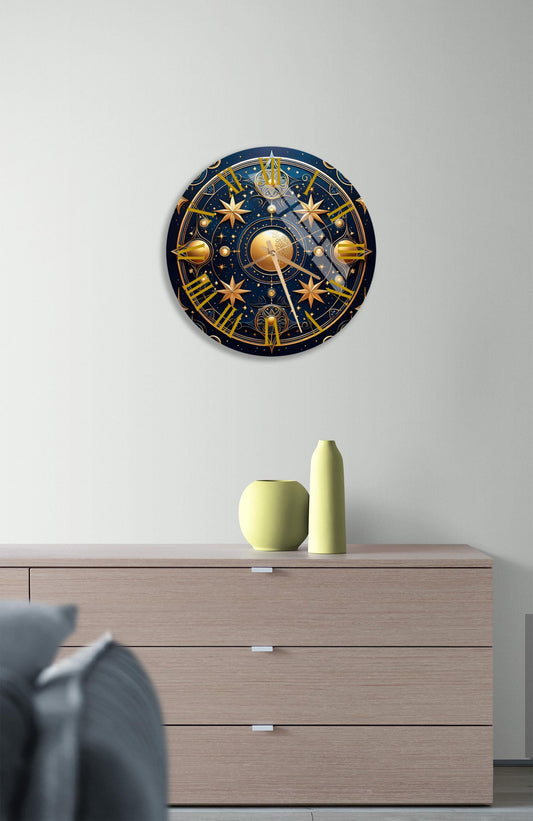 Tempered Glass Wall Clock - Celestial Lunar Phases Blue Decor | Silent, Scratch Resistant