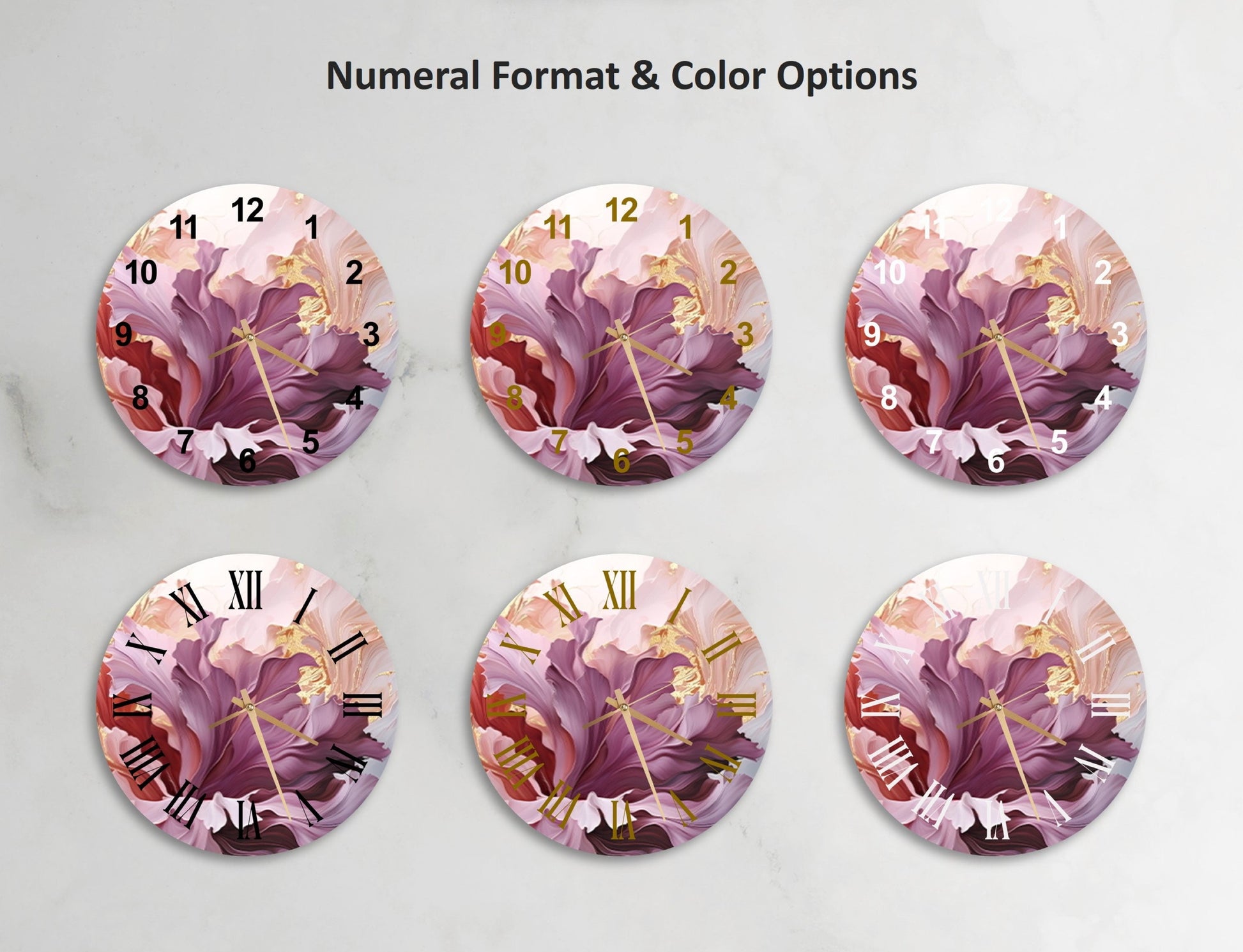 a set of four clocks with flowers painted on them