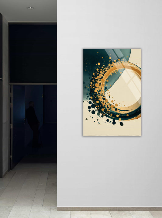 Tempered Glass Wall Art - Abstract Gold Circle Splatter | Modern Teal Decor