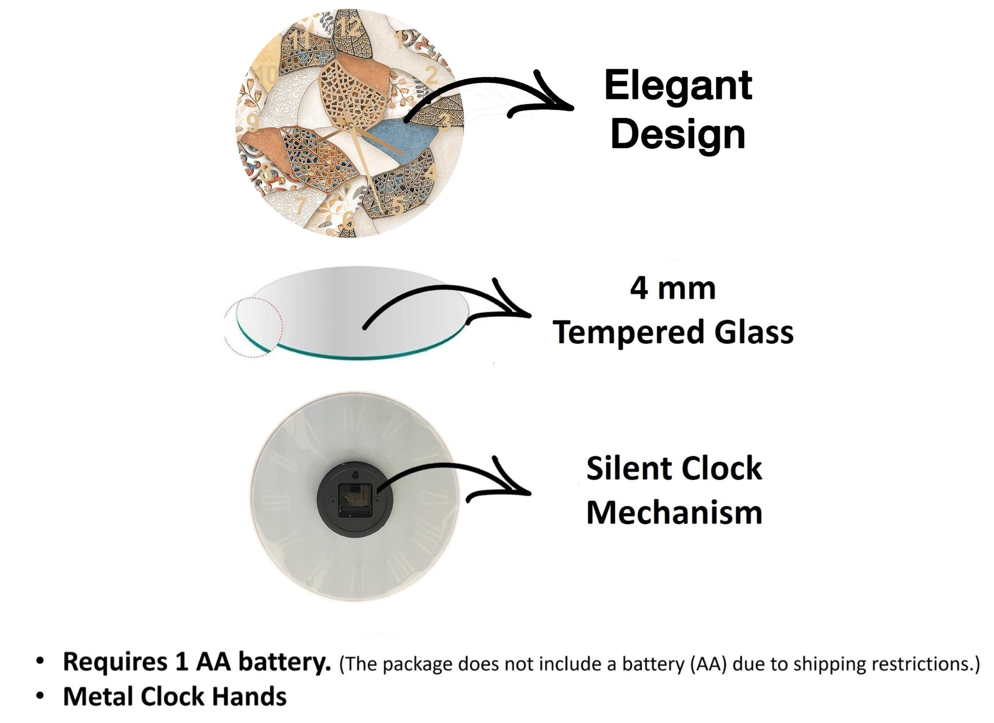 The image is a diagram that illustrates the features of a clock mechanism, including a 4 mm Tempered Glass, a Silent Clock Mechanism, and Metal Clock Hands.