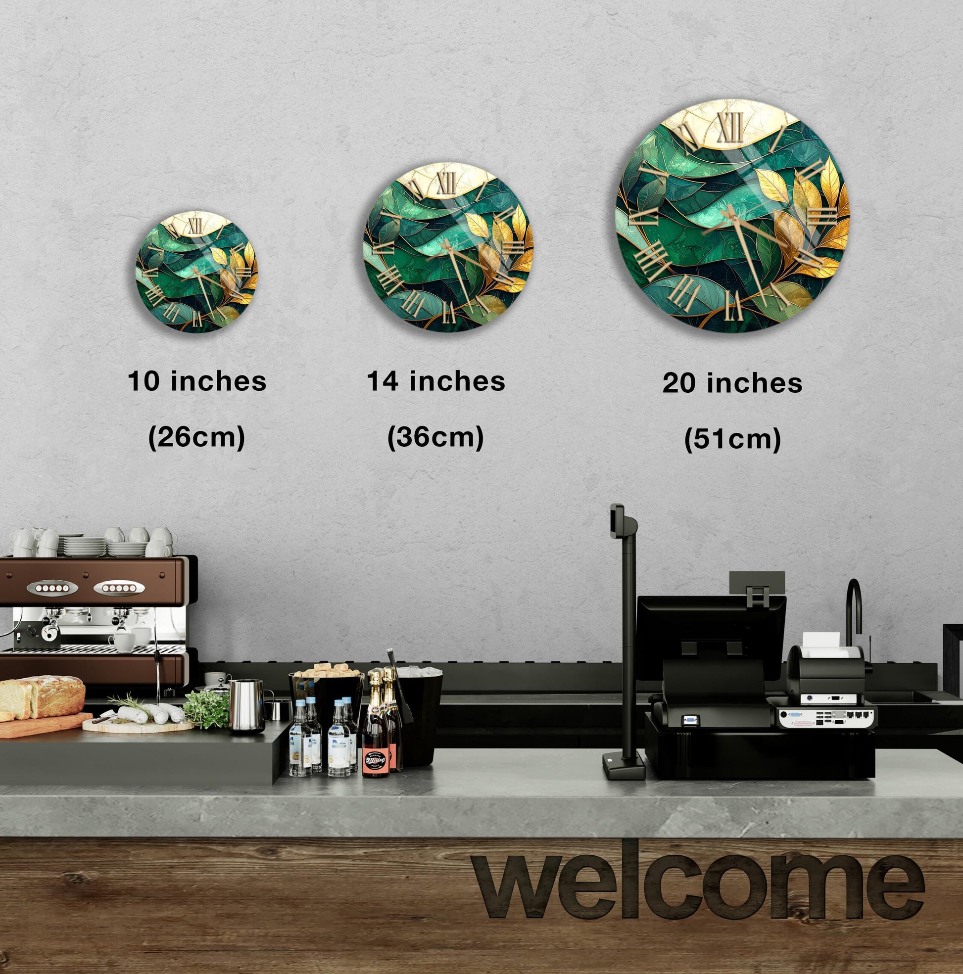 a counter in a restaurant with a welcome sign, and there are three clock designs displayed on the wall above the counter.