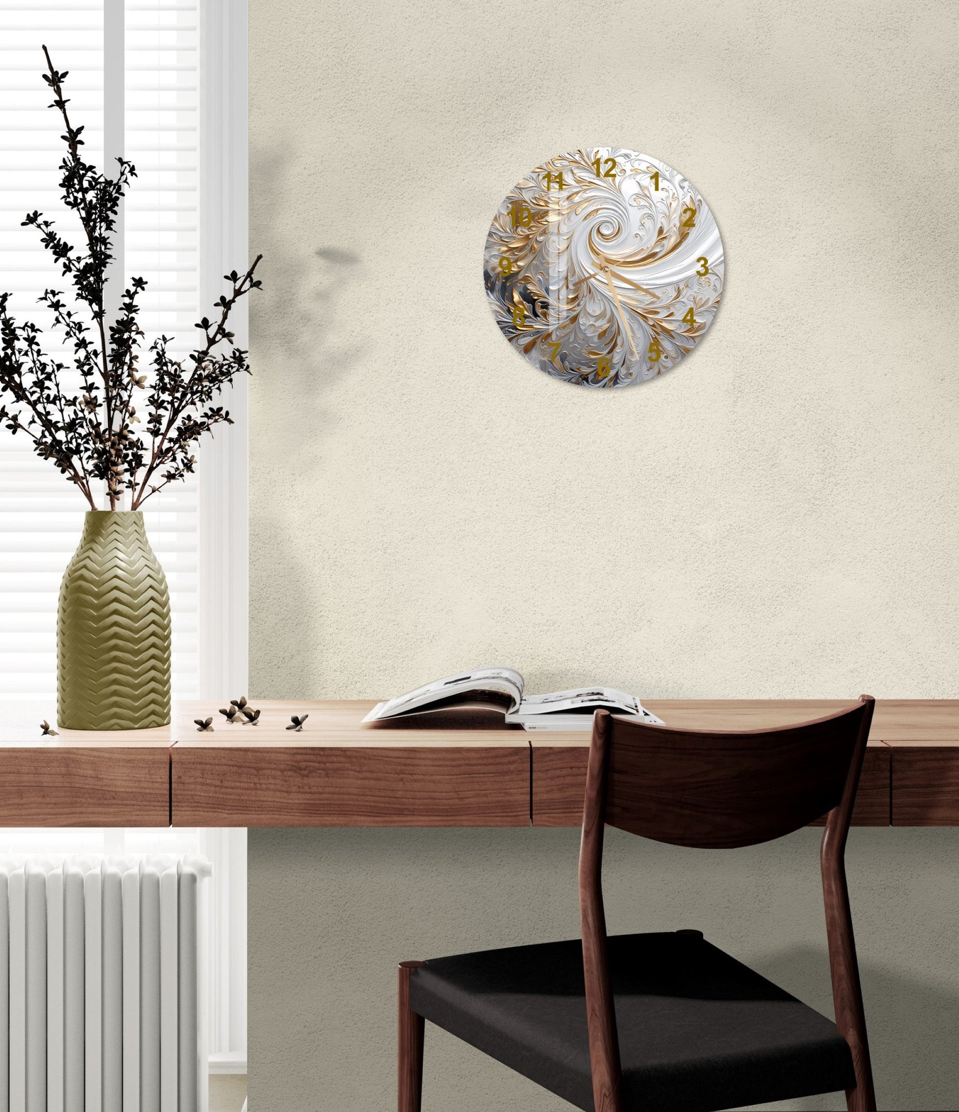 a table with a vase and a book on it