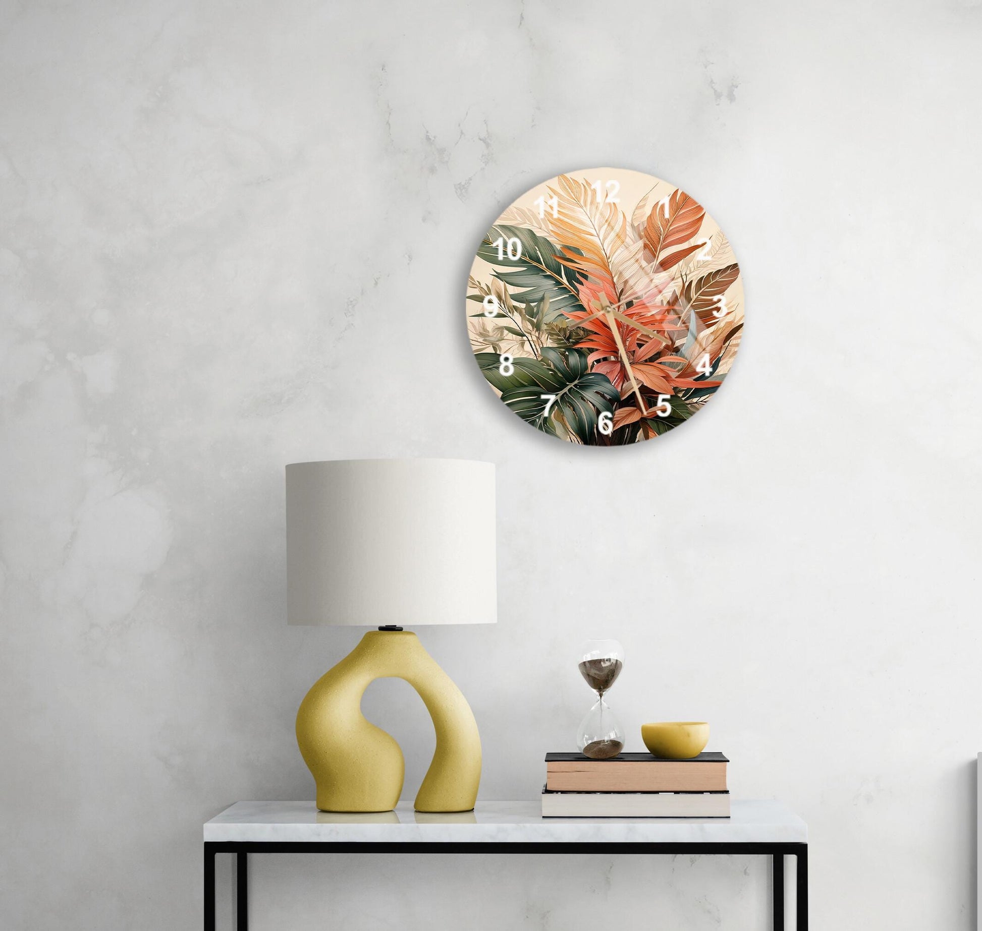 a table with a lamp and a clock on it