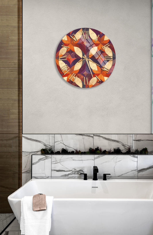 Tempered Glass Wall Clock – Geometric Orange Purple Design | Retro Style Decor