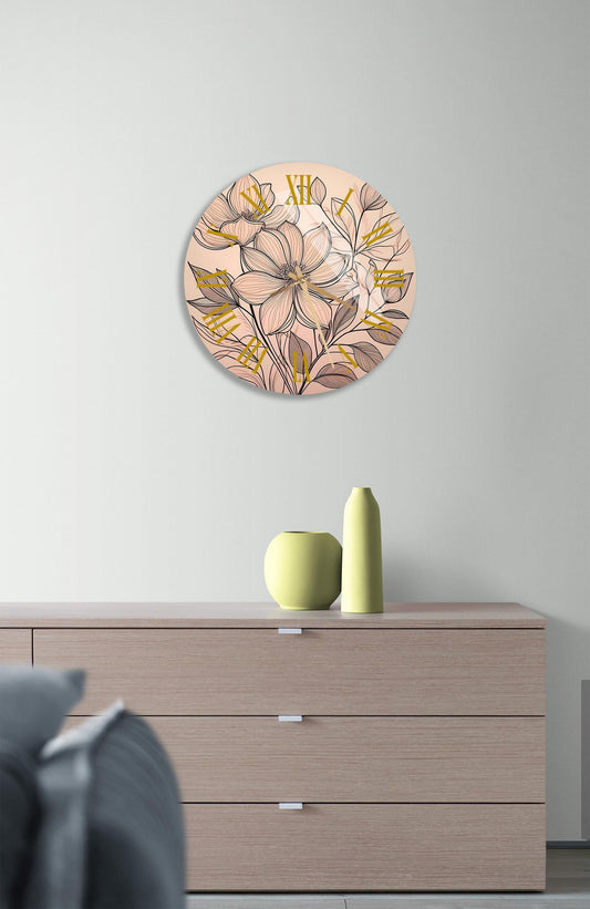 Floral Glass Wall Clock – Tempered Glass, Minimalist Flower Design, Beige Decor