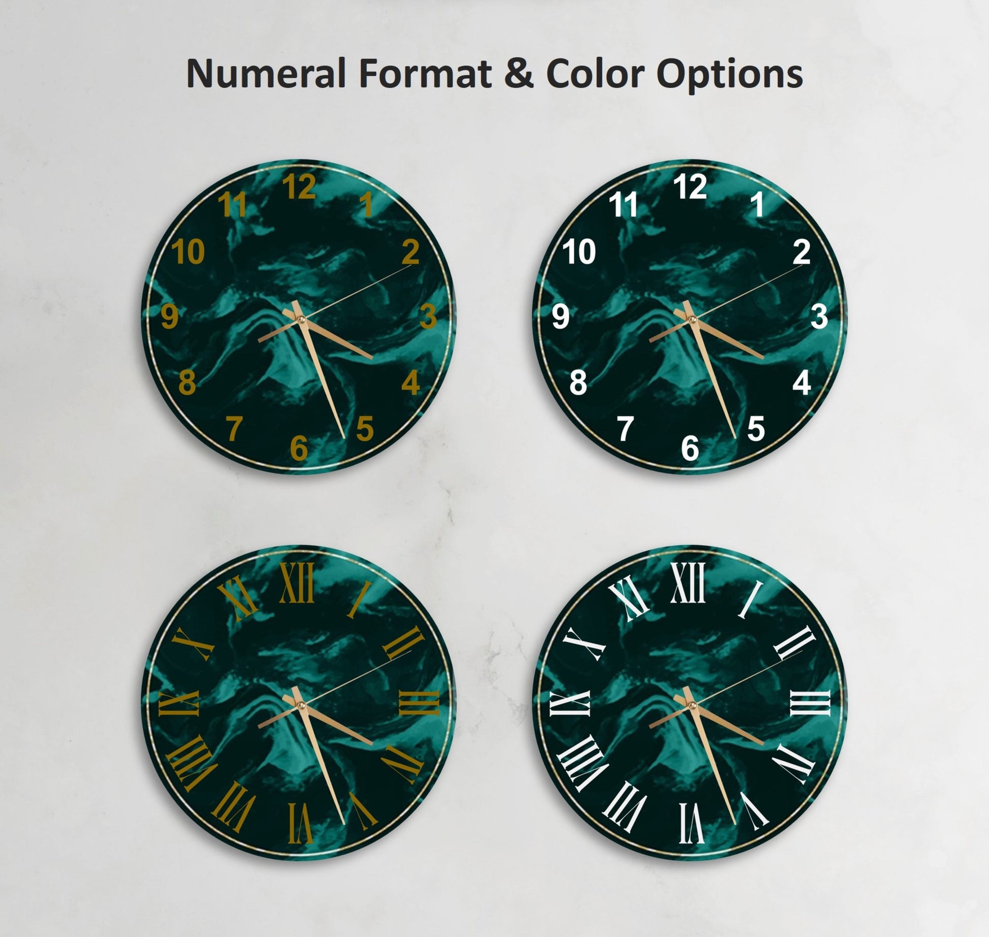 three green clocks with gold hands on a white wall