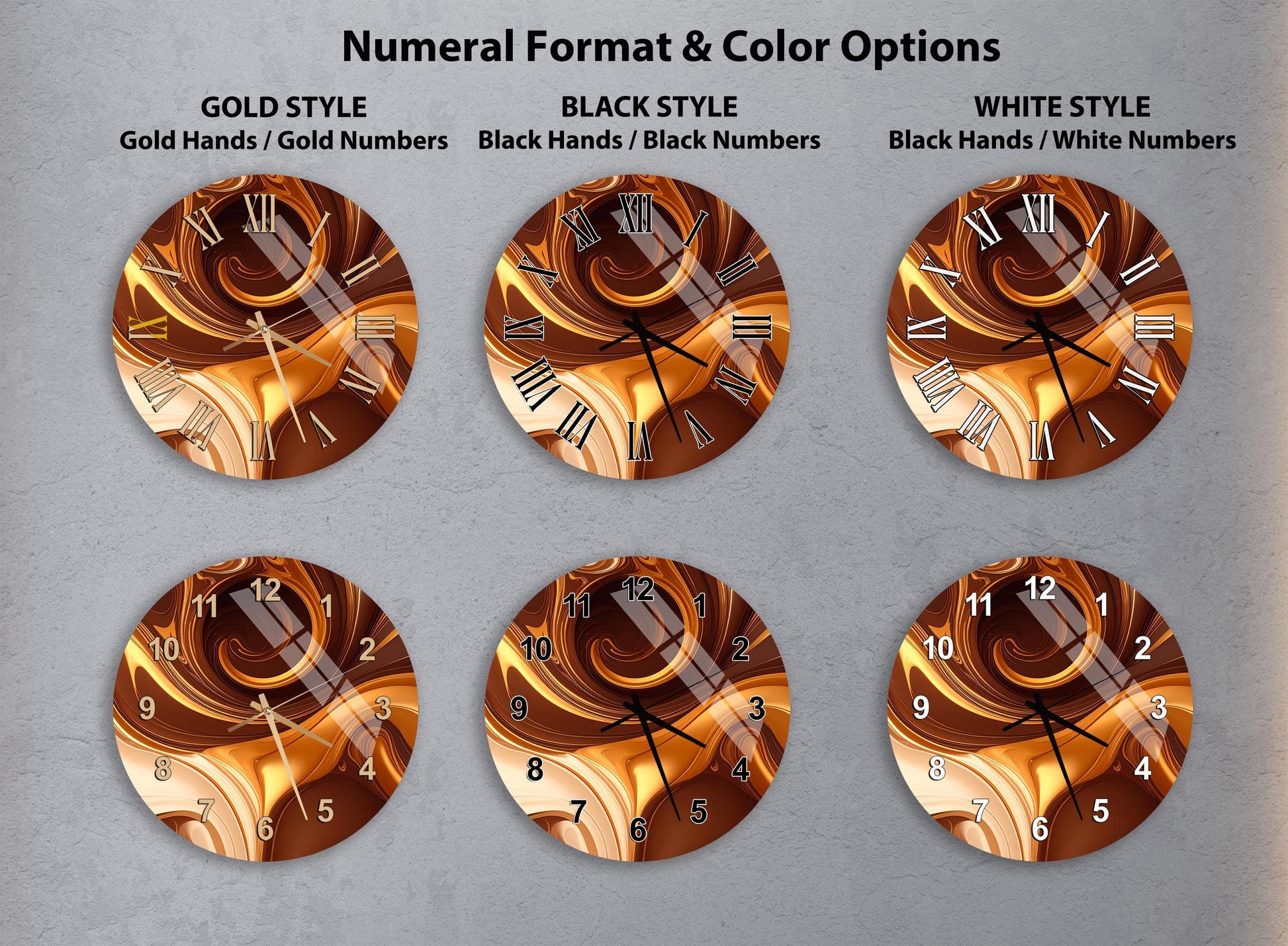 six different clock designs, each with a unique color and style, arranged in a grid format.