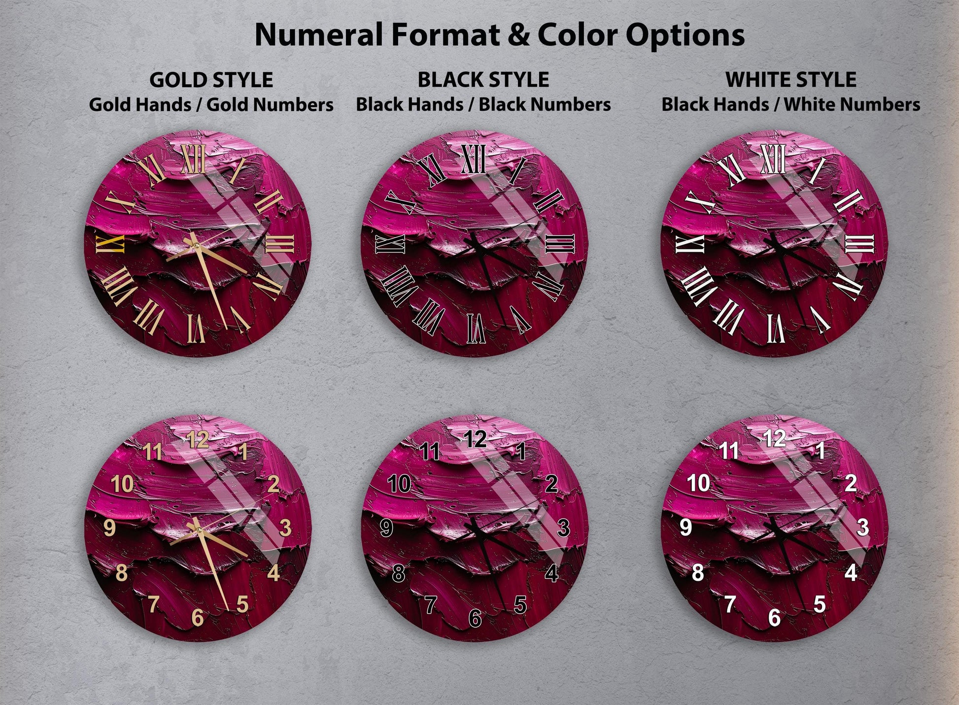 a collection of six clock faces with different styles and color options, including gold, black, white, and black and white.