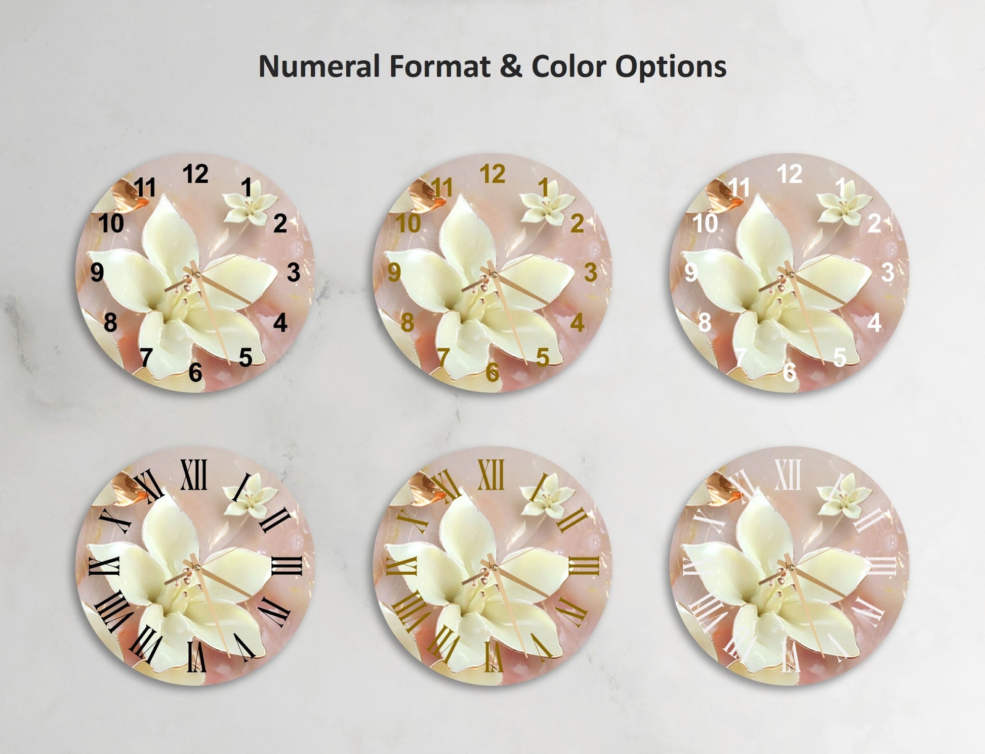 a set of four clocks with flowers on them