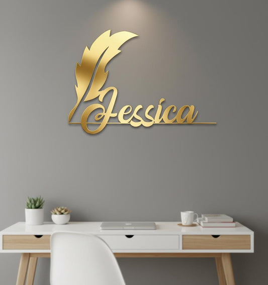 Personalized Metal Wall Art - Custom Family Name Sign with Feather Pen Design