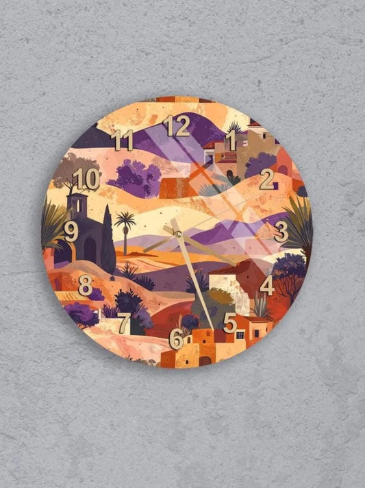 six circular wall clocks with abstract designs on their faces, arranged in a grid pattern on a gray background.