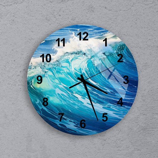 a clock with a painting of a wave on it