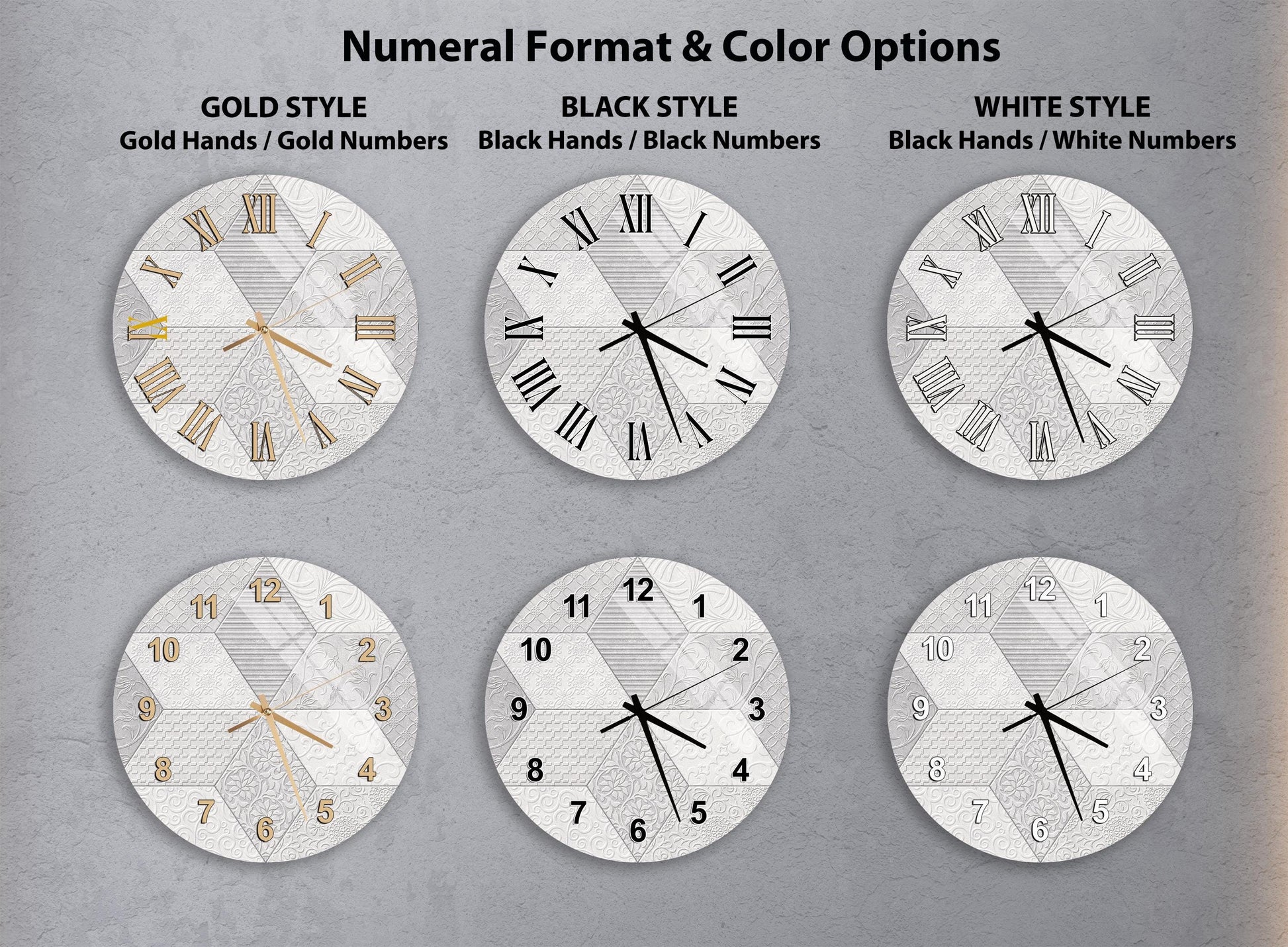 a collection of six different clock designs, each with a unique style and color option. The clocks are arranged in a grid format, with two rows and three columns, showcasing various styles and color schemes.