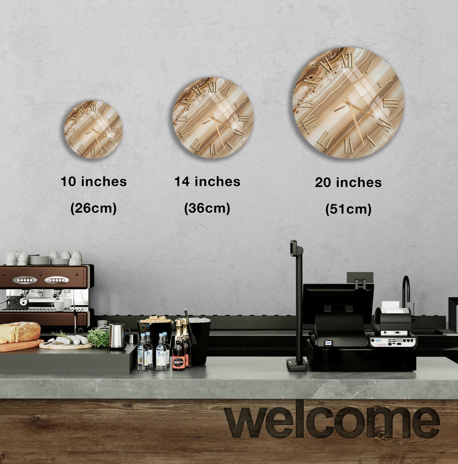 a counter with a cash register, a coffee machine, and various food items such as bottles and bread. Above the counter, there are three clock-like designs of different sizes, indicating the time in increments of 10, 14, and 20 inches. The word "welcome" is displayed on the counter, welcoming customers to the establishment.