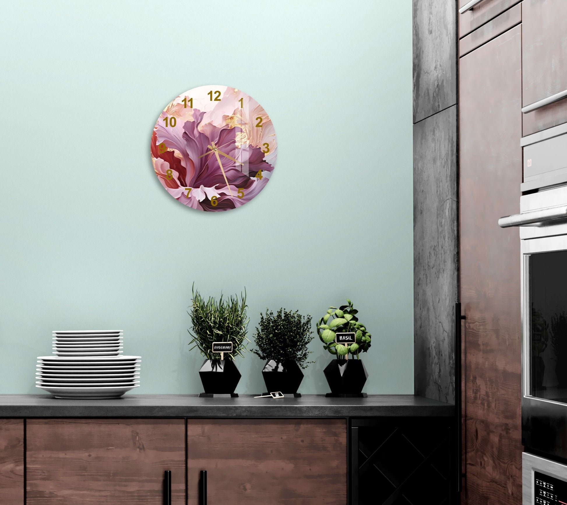 a kitchen with a clock on the wall next to potted plants