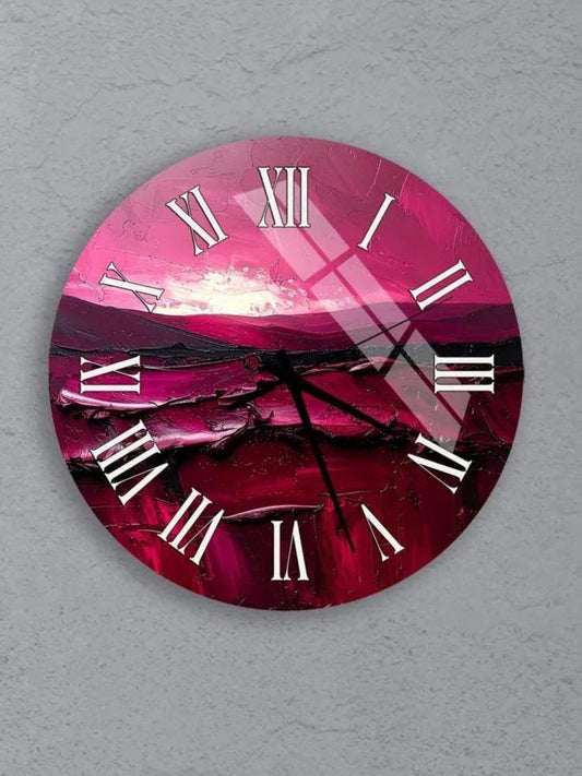 six circular wall clocks with pink and red color schemes, each displaying a different time.