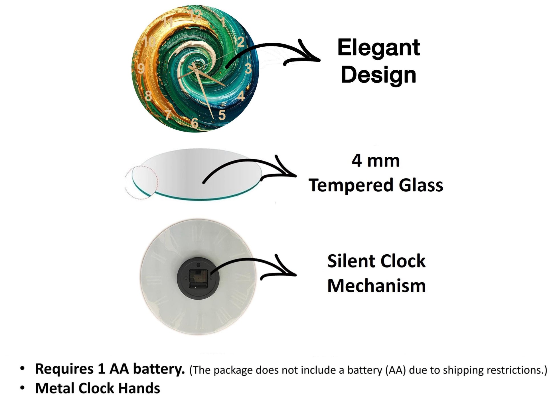 The image is a diagram that illustrates the features of a clock, including its design, size, and mechanism.