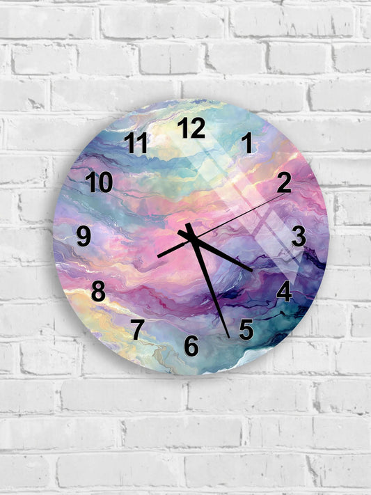 A wall clock with a colorful, abstract design featuring a gradient of colors and swirling patterns.