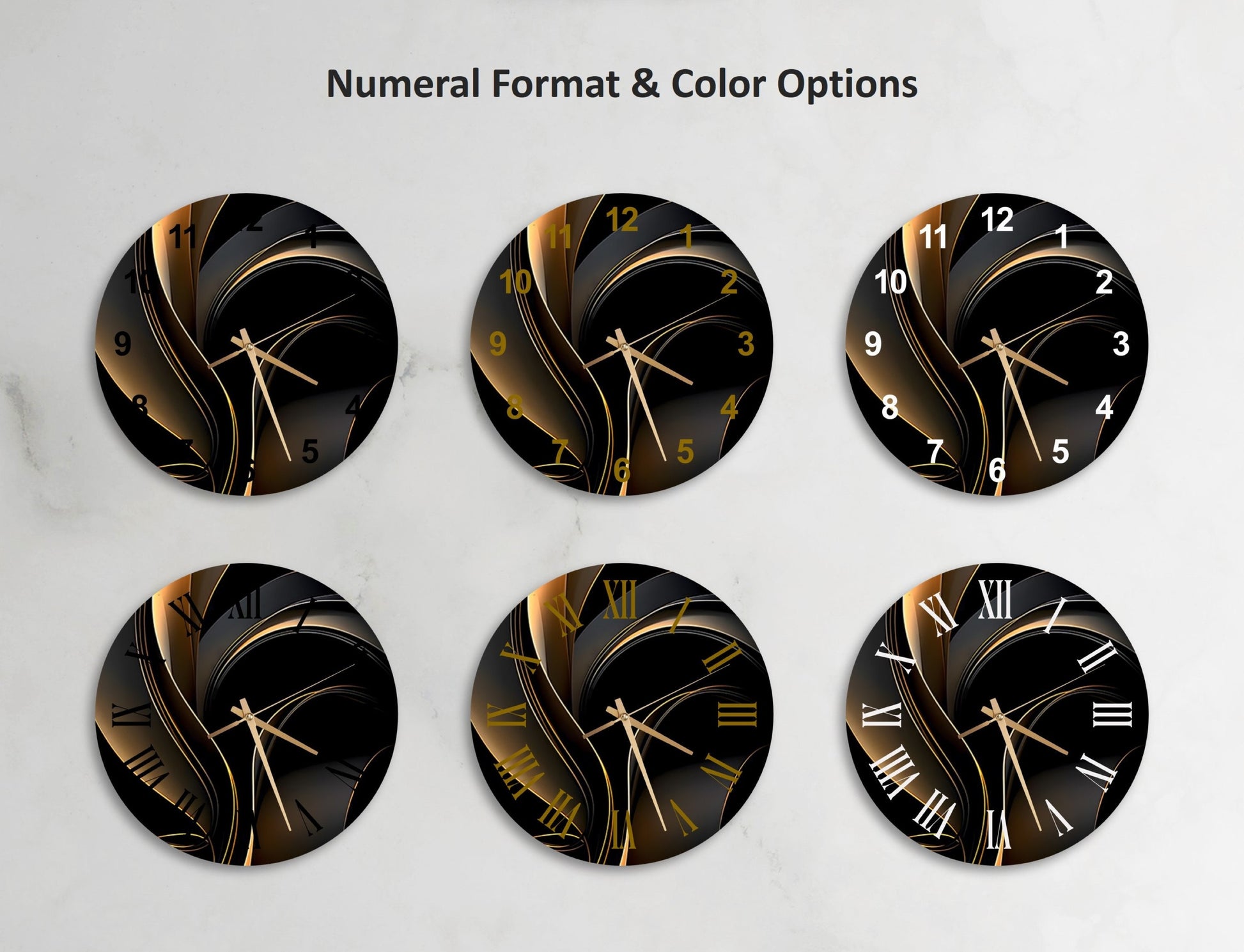 a set of four black and gold clock faces