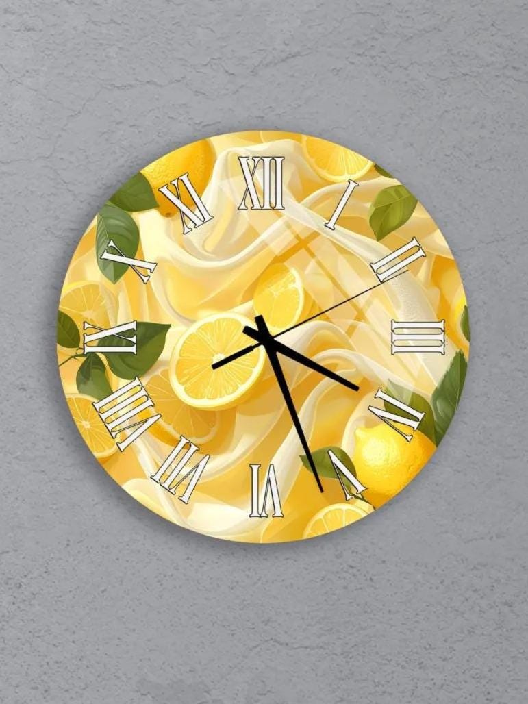 six circular wall clocks with a yellow lemon design on them. Each clock has a unique arrangement of lemon slices and numbers, creating a visually appealing and creative design.