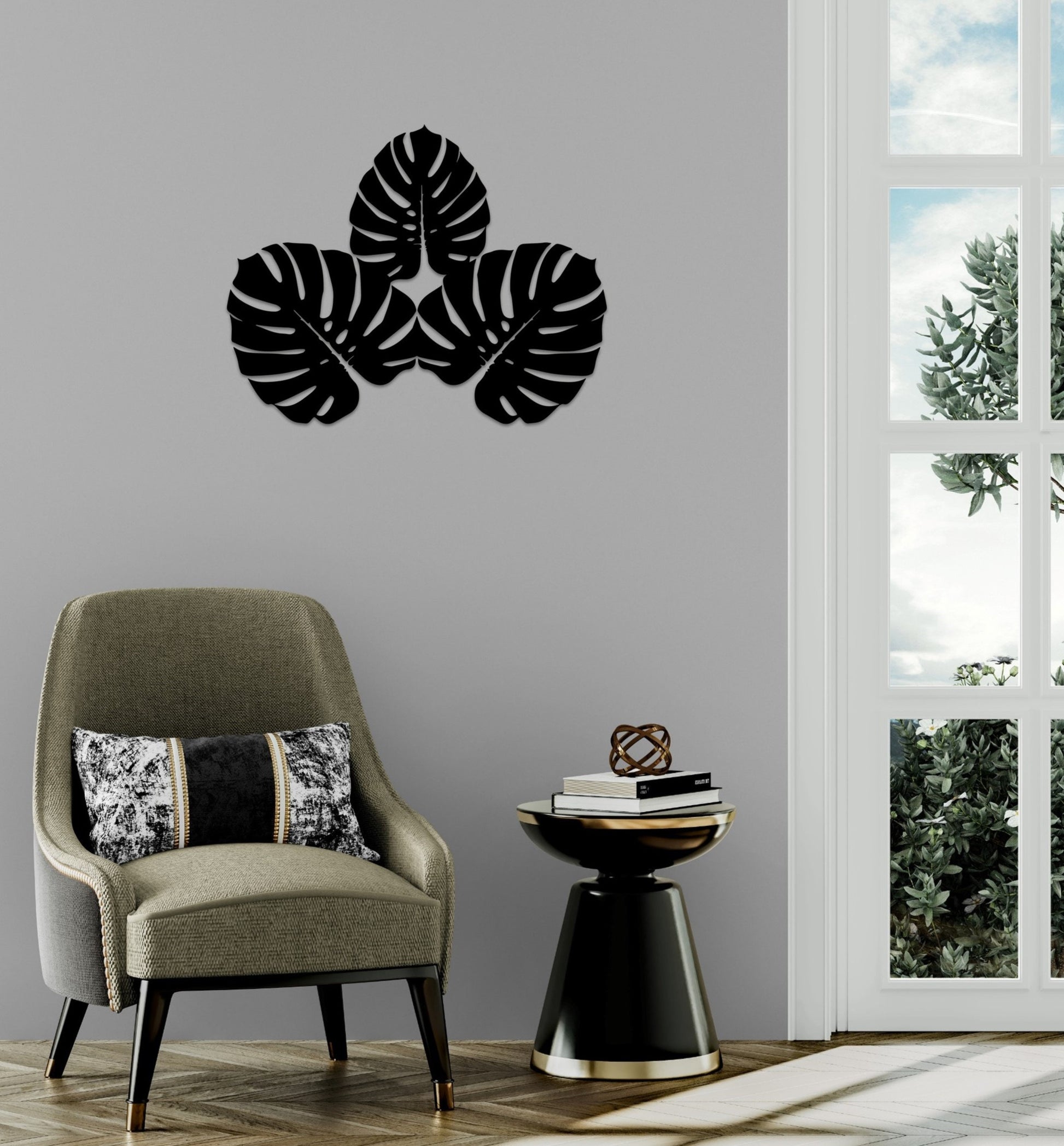 a living room with a chair and a clock on the wall