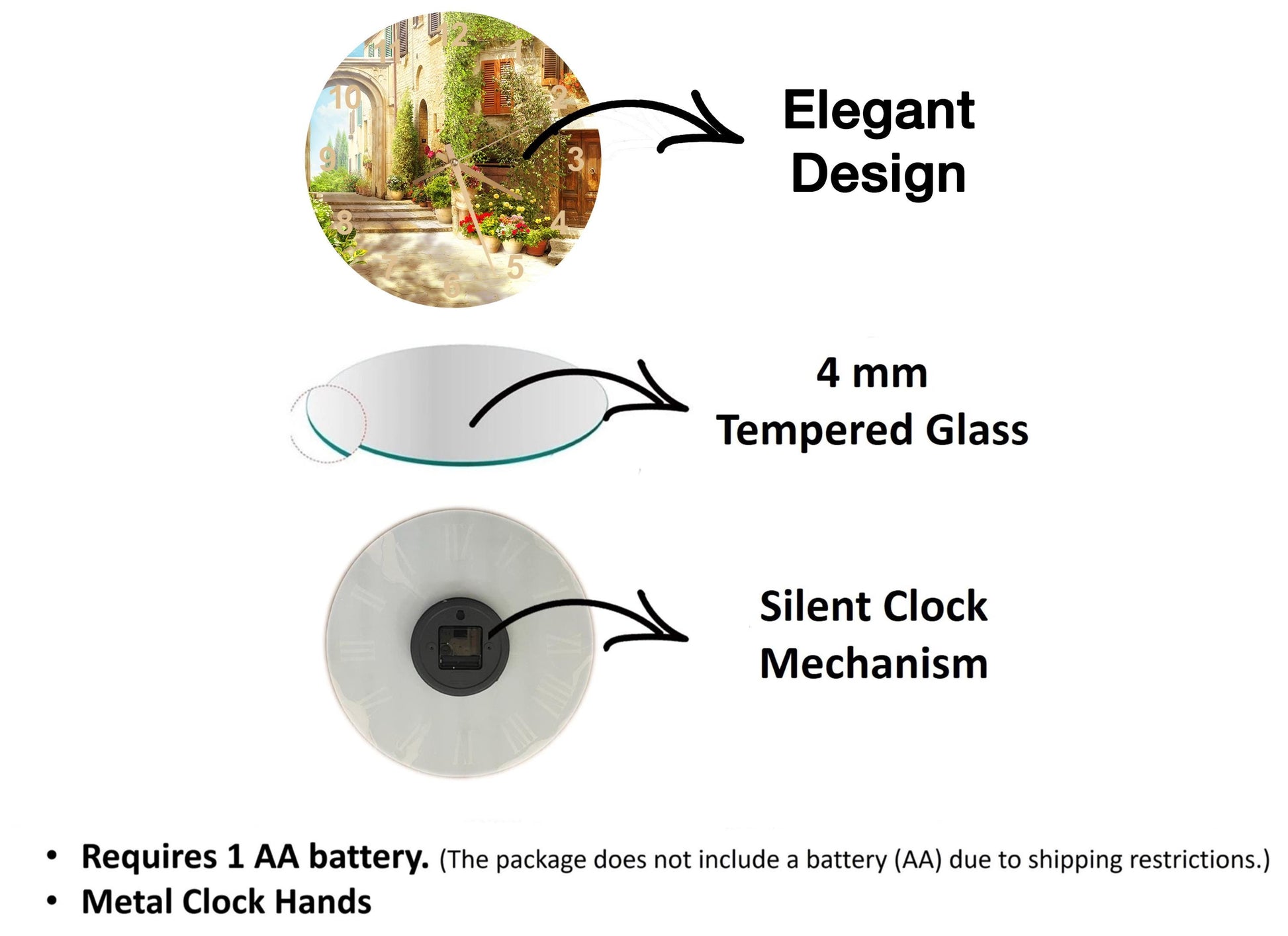 The image is a diagram that illustrates the features of a clock, including the type of glass used, the mechanism, and the battery requirements.